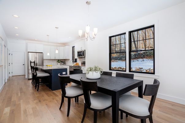Dining room, Interior, Kitchen, Pendant Lights, Recessed Lighting, Stainless Steel Appliances, Wood Texture Flooring