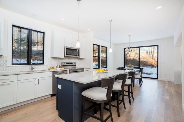 Dining room, Interior, Kitchen, Pendant Lights, Recessed Lighting, Stainless Steel Appliances, Wood Texture Flooring