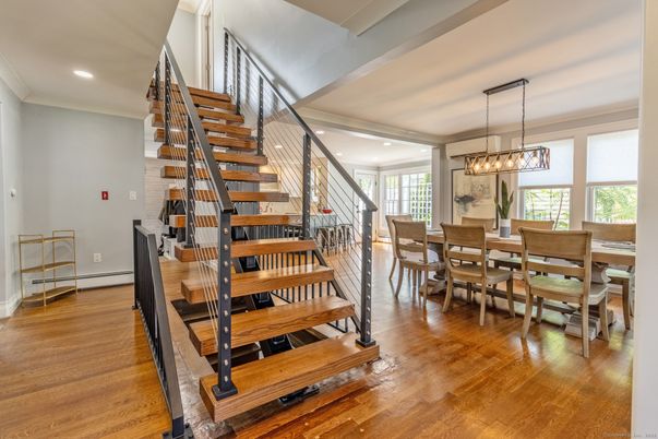 Chandelier, Dining room, Interior, Pendant Lights, Recessed Lighting, Wood Texture Flooring