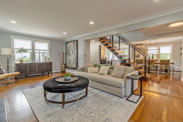 Dining room, Interior, Living room, Pendant Lights, Recessed Lighting, Wood Texture Flooring