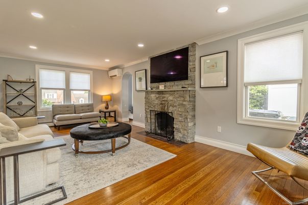 Fireplace, Interior, Living room, Recessed Lighting, Wood Texture Flooring
