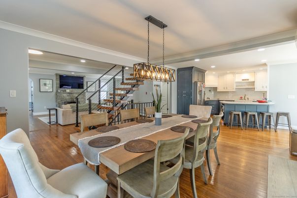 Chandelier, Dining room, Interior, Kitchen, Living room, Pendant Lights, Recessed Lighting, Wood Texture Flooring