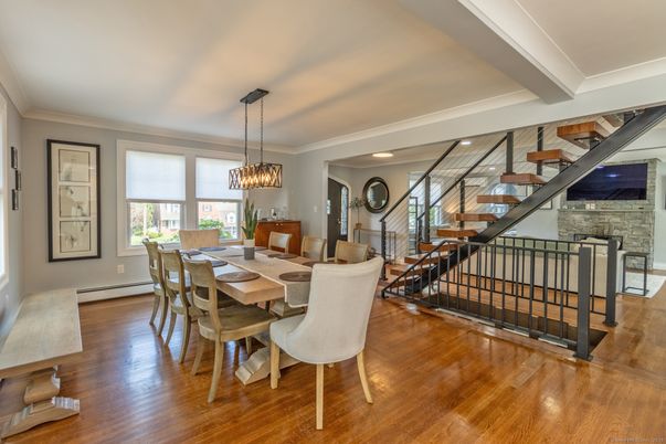 Dining room, Interior, Pendant Lights, Recessed Lighting, Wood Texture Flooring