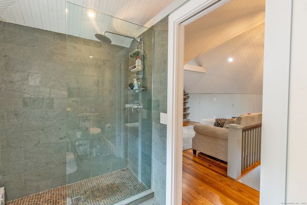 Bathroom, Glass Shower, Interior, Recessed Lighting, Wood Texture Flooring