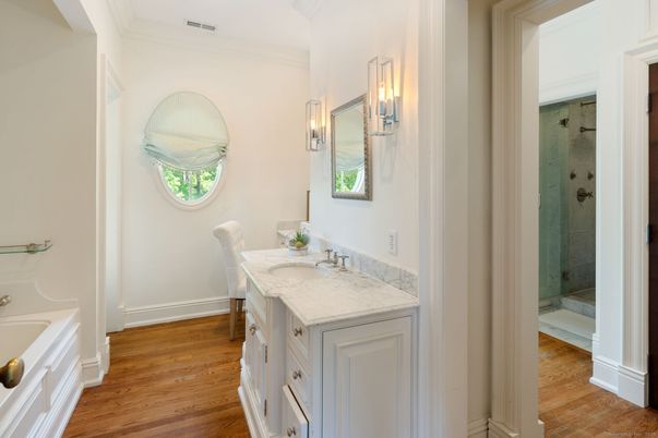 Bathroom, Glass Shower, Interior, Wood Texture Flooring