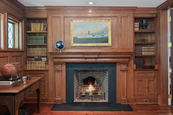 Fireplace, Home Office, Interior, Recessed Lighting, Wood Texture Flooring, Wooden Walls