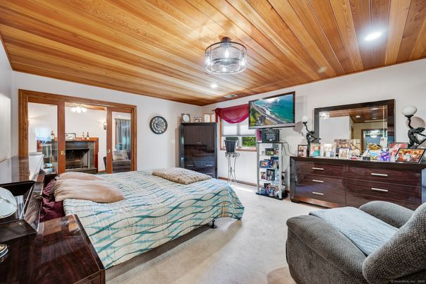 Bedroom, Fireplace, Interior, Recessed Lighting, Wooden Ceilings
