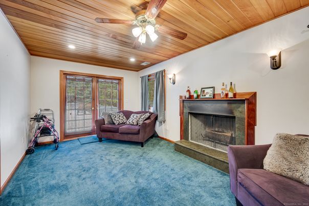 Fireplace, Interior, Living room, Recessed Lighting, Wooden Ceilings