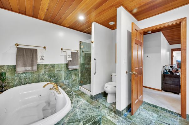 Bathroom, Free Standing Baths, Glass Shower, Interior, Recessed Lighting, Wooden Ceilings