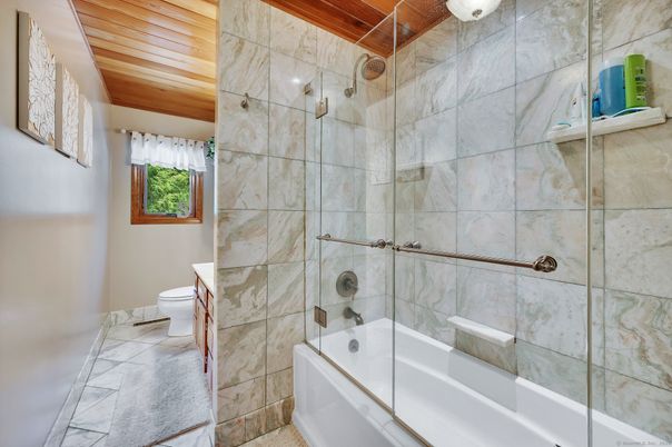 Bathroom, Glass Shower, Interior, Marble, Marble Walls, Wooden Ceilings