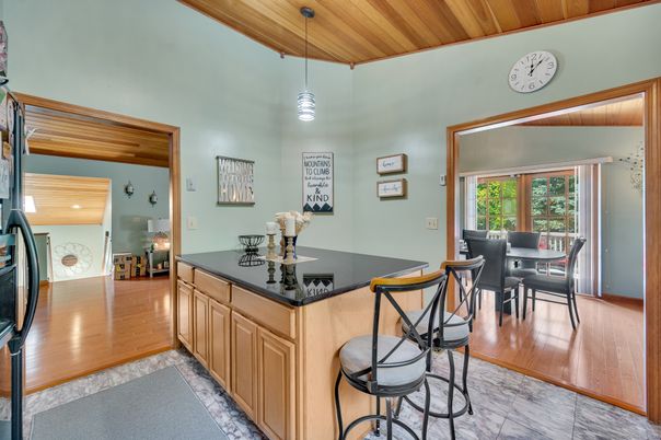 Dining room, Interior, Pendant Lights, Recessed Lighting, Wooden Ceilings, Wood Texture Flooring