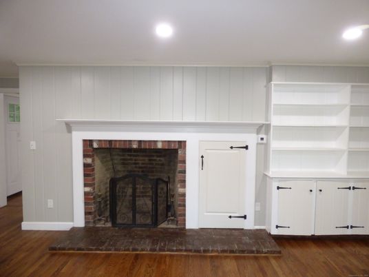 Fireplace, Interior, Recessed Lighting, Wood Texture Flooring