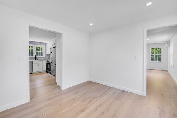 Empty room, Interior, Kitchen, Recessed Lighting, Wood Texture Flooring