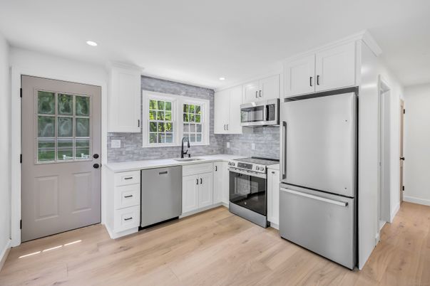 Interior, Kitchen, Recessed Lighting, Stainless Steel Appliances, Wood Texture Flooring