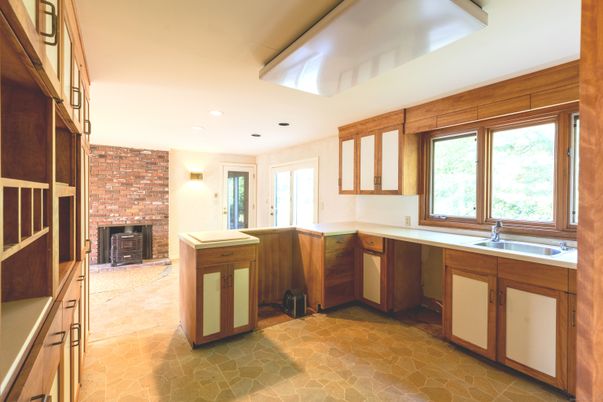 Fireplace, Interior, Kitchen, Recessed Lighting, Stone Walls