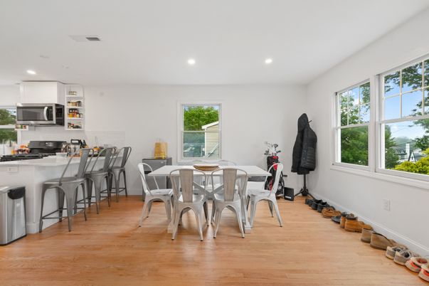 Dining room, Interior, Kitchen, Recessed Lighting, Wood Texture Flooring