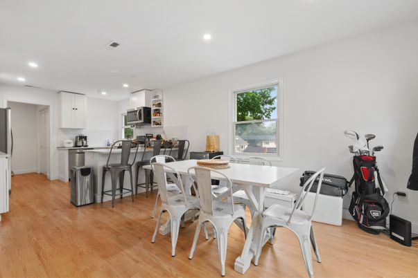 Dining room, Interior, Kitchen, Recessed Lighting, Wood Texture Flooring