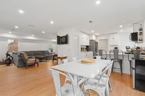 Dining room, Interior, Kitchen, Living room, Recessed Lighting, Wood Texture Flooring