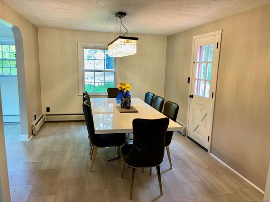 Dining room, Interior, Pendant Lights, Wood Texture Flooring