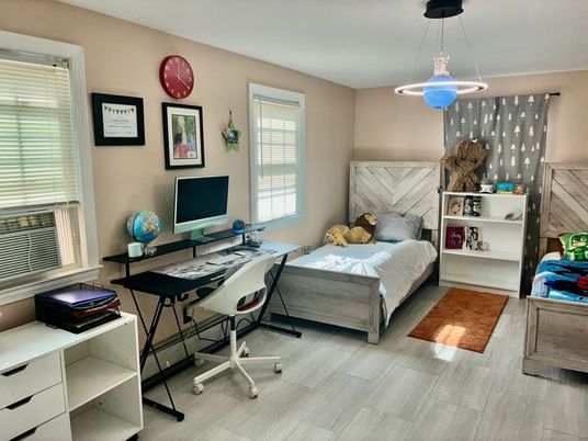 Home Office, Interior, Pendant Lights, Wood Texture Flooring