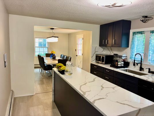 Dining room, Interior, Kitchen, Pendant Lights, Wood Texture Flooring