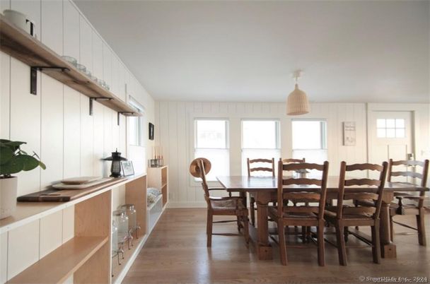 Dining room, Interior, Pendant Lights, Wood Texture Flooring