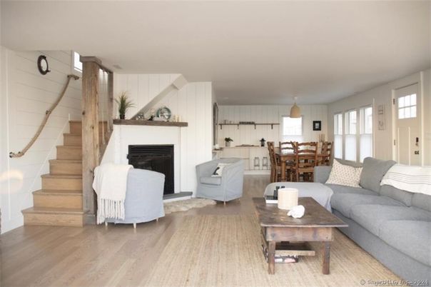 Dining room, Fireplace, Interior, Living room, Pendant Lights, Wood Texture Flooring