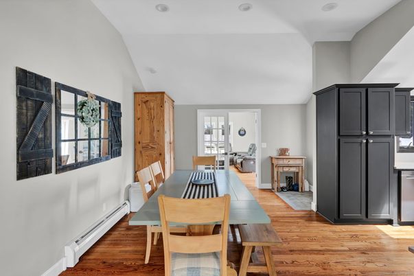 Dining room, Fireplace, Interior, Kitchen, Recessed Lighting, Wood Texture Flooring