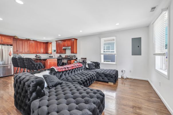 Interior, Kitchen, Living room, Recessed Lighting, Stainless Steel Appliances, Wood Texture Flooring