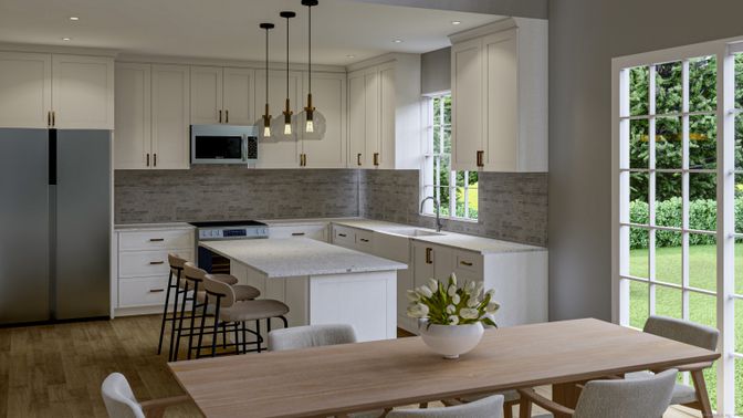 Dining room, Interior, Kitchen, Pendant Lights, Recessed Lighting, Stainless Steel Appliances, Wood Texture Flooring