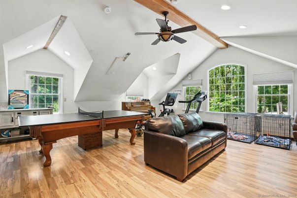 Fitness Equipment, Game Room, Home Office, Interior, Recessed Lighting, Wooden Beams, Wood Texture Flooring
