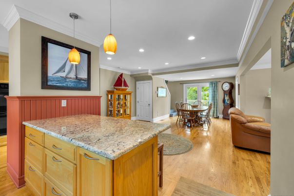 Dining room, Interior, Pendant Lights, Recessed Lighting, Wood Texture Flooring
