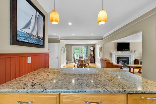 Dining room, Fireplace, Interior, Pendant Lights, Recessed Lighting, Wood Texture Flooring