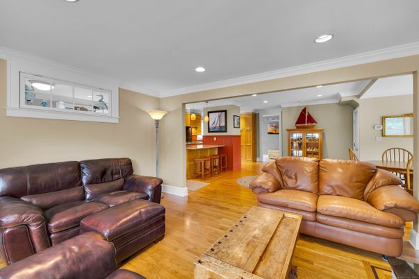 Dining room, Interior, Living room, Recessed Lighting, Wood Texture Flooring