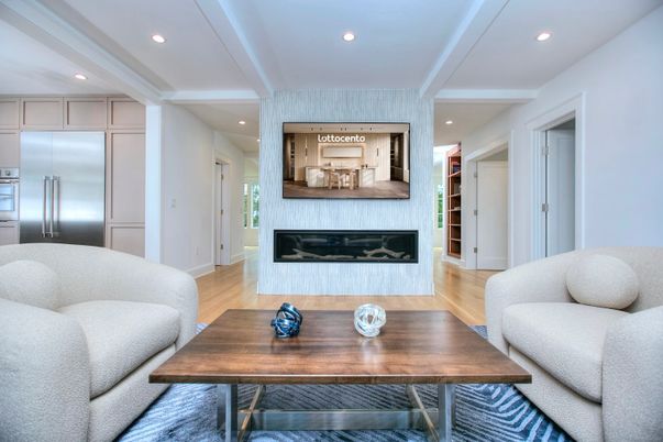 Fireplace, Home Office, Interior, Recessed Lighting, Wood Texture Flooring