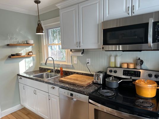 Interior, Kitchen, Pendant Lights, Stainless Steel Appliances, Wood Texture Flooring