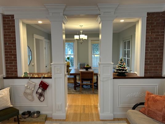 Chandelier, Dining room, Interior, Recessed Lighting, Stone Walls, Wood Texture Flooring