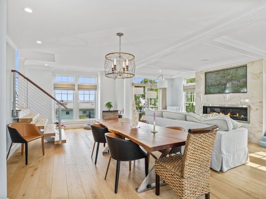 Chandelier, Dining room, Fireplace, Interior, Living room, Pendant Lights, Recessed Lighting, Wood Texture Flooring