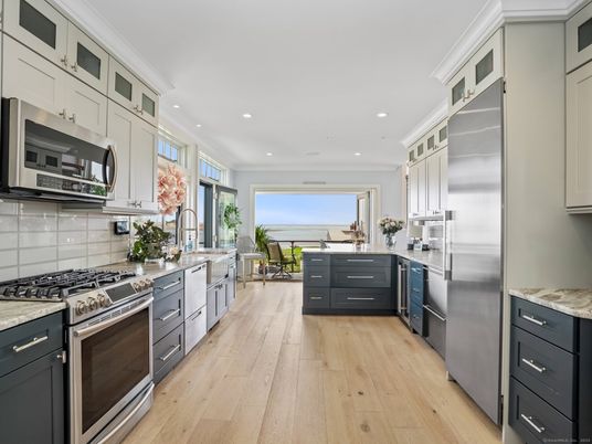 Interior, Kitchen, Recessed Lighting, Stainless Steel Appliances, Water, Wood Texture Flooring