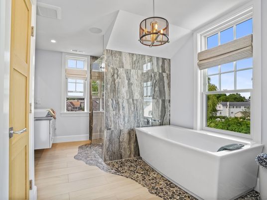 Bathroom, Free Standing Baths, Interior, Pendant Lights, Recessed Lighting, Wood Texture Flooring
