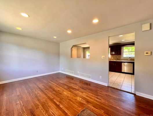 Empty room, Interior, Kitchen, Recessed Lighting, Wood Texture Flooring