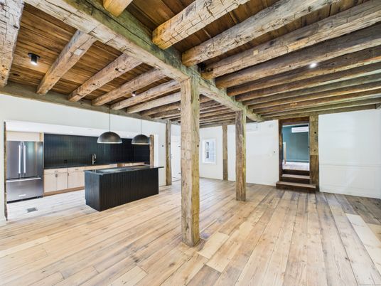 Interior, Kitchen, Pendant Lights, Stainless Steel Appliances, Wooden Beams, Wooden Ceilings, Wood Texture Flooring