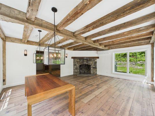 Empty room, Fireplace, Interior, Pendant Lights, Wooden Beams, Wood Texture Flooring