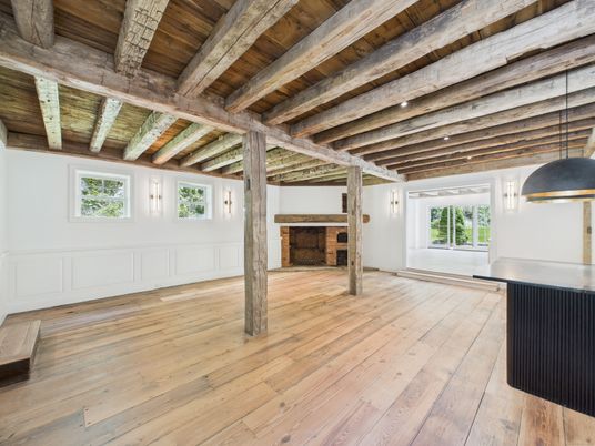Empty room, Fireplace, Interior, Pendant Lights, Wooden Beams, Wooden Ceilings, Wood Texture Flooring