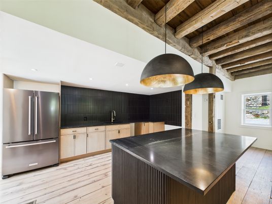 Interior, Kitchen, Pendant Lights, Recessed Lighting, Stainless Steel Appliances, Wooden Beams, Wooden Ceilings, Wood Texture Flooring