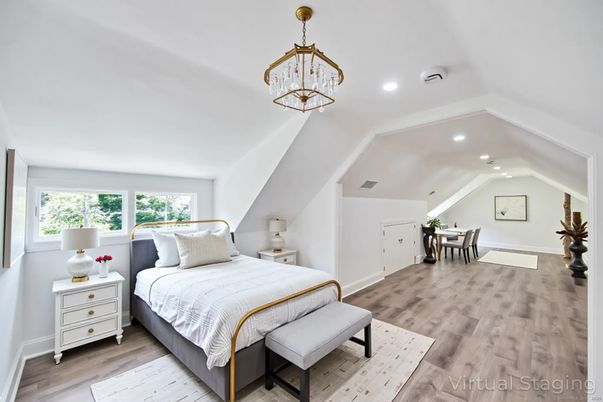 Bedroom, Dining room, Interior, Pendant Lights, Recessed Lighting, Wood Texture Flooring