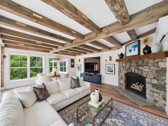 Fireplace, Interior, Living room, Pendant Lights, Wooden Beams, Wood Texture Flooring