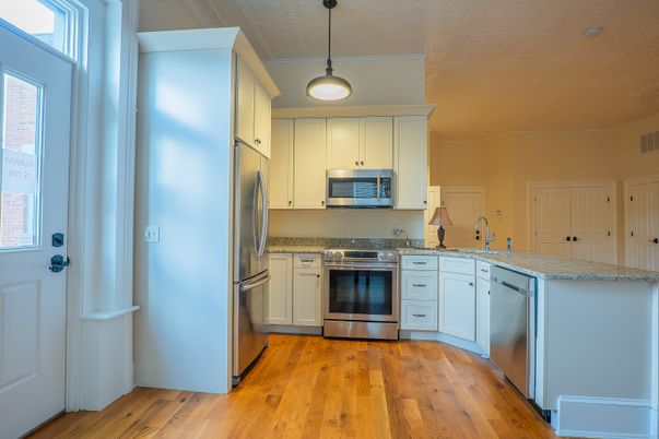 Interior, Kitchen, Pendant Lights, Stainless Steel Appliances, Wood Texture Flooring