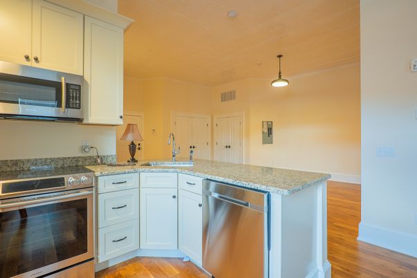 Interior, Kitchen, Pendant Lights, Stainless Steel Appliances, Wood Texture Flooring