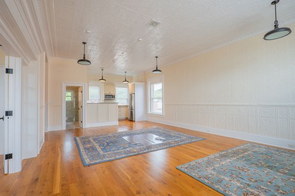 Empty room, Interior, Kitchen, Pendant Lights, Wood Texture Flooring